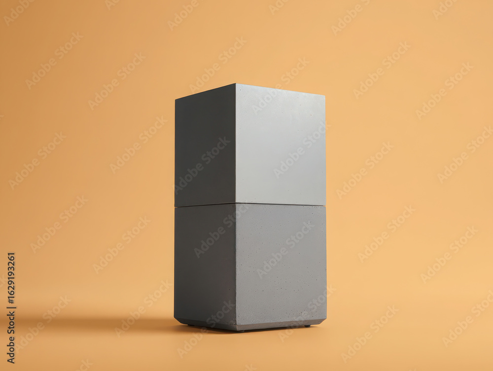 Aufkleber minimalist geometric cube display stage with grey blocks on a warm orange background