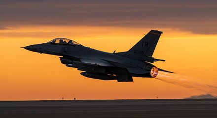 Military Fighter Jet Taking Off During Sunset in Dramatic Sky
