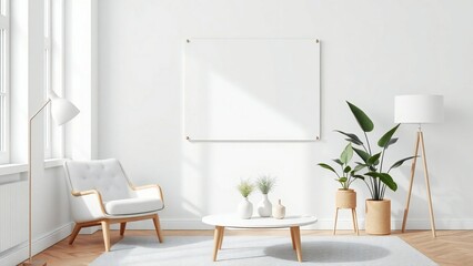 Bright modern living room with white armchair and plants