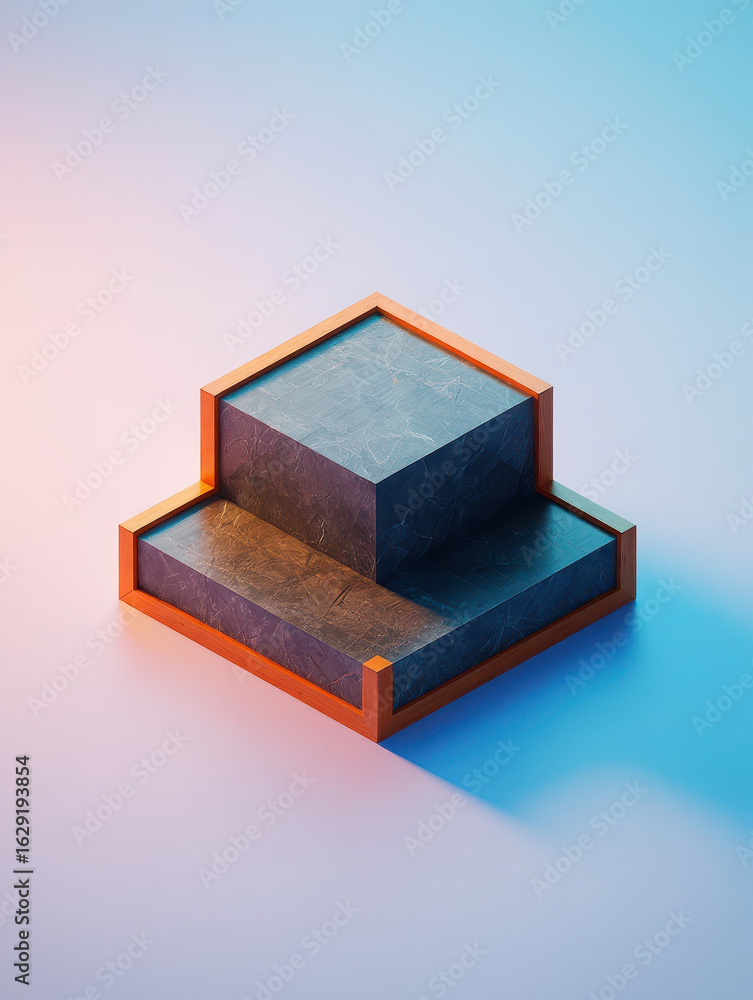 Poster minimalist geometric podium with orange frame and concrete texture on a gradient background with sof