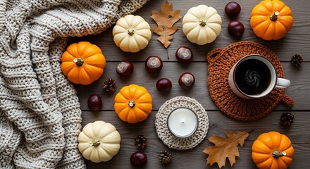 Autumnal warm ambiance: pumpkins, chestnuts, coffee, and a cozy knit blanket creating a festive