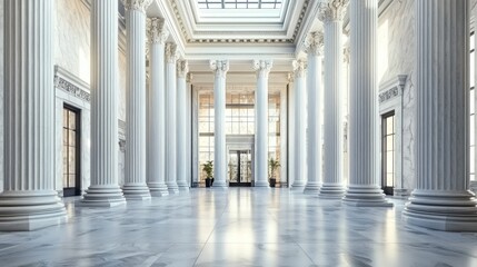 A grand, classical marble hall with tall columns and a skylight, featuring a marble floor and a grand staircase.