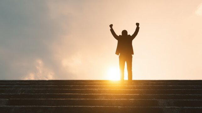 A figure stands on a staircase, arms raised in triumph, as the sun sets in the background. The atmosphere radiates joy and accomplishment during a beautiful evening.