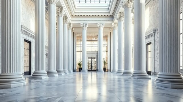 A grand, classical marble hall with tall columns and a skylight, featuring a marble floor and a grand staircase.