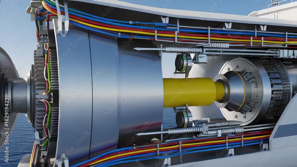 Poster wind turbine open section with yellow axis and ocean background energy generation