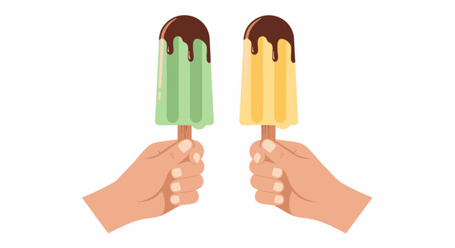 Two hands hold colorful green and yellow popsicles with dripping chocolate topping.