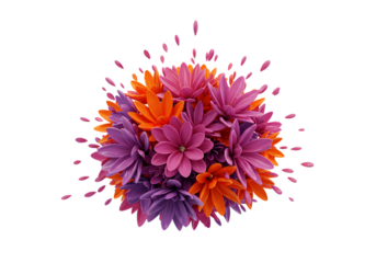 Vibrant Abstract Flower Burst: Purple and Orange Floral Explosion Isolated on Transparent Background