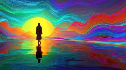 Fototapeta premium Figure silhouetted by bright sun over water, colorful swirls in sky and water reflection