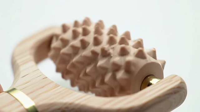 Wooden Spiky Massage Roller for Acupressure Treatment on Neutral Tone Background