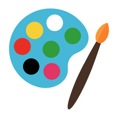 Artistic concept of a painter s palette with colorful paint blobs and a brush on a white background
