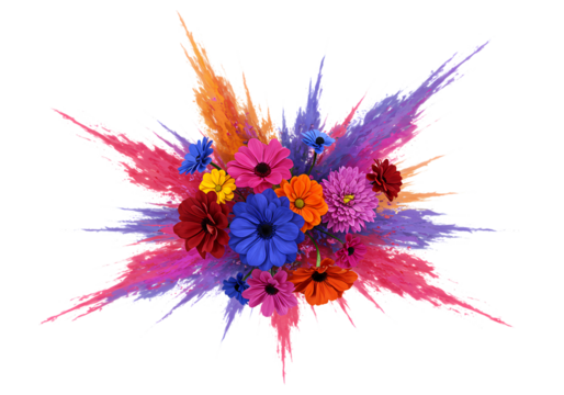 Vibrant Flower Explosion: Colorful Paint Burst Photography Isolated on Transparent Background