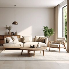 Fototapeta premium Minimalist living room with beige sectional sofa, wooden coffee table, and natural light