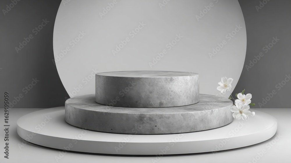 Poster a minimalist display features two concrete platforms arranged in concentric circles, complemented by