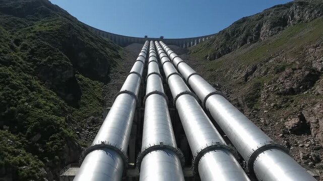 Massive parallel pipes ascend a rugged mountain slope towards a distant dam under a clear blue sky, showcasing powerful hydroelectric infrastructure in action.