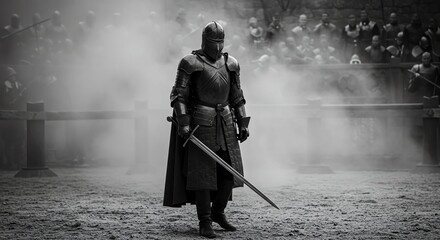 Fototapeta premium Knight in Black Armor Standing in Battlefield with Smoke and Audience in Background