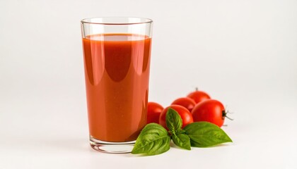Refreshing glass of tomato juice with fresh basil and ripe tomatoes, perfect for healthy lifestyle and culinary themes.