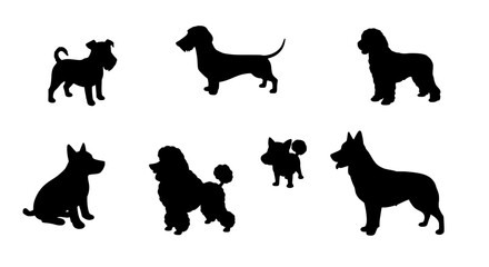 Canine Shadows: A collection of captivating black silhouettes of dogs in various poses, perfect for illustrating pet-related concepts.