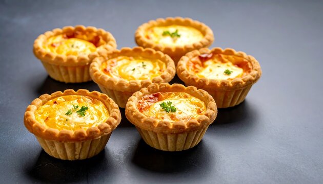 Mini quiches with savory treats arranged on a dark blue surface, and overhead shot. - Powered by Adobe