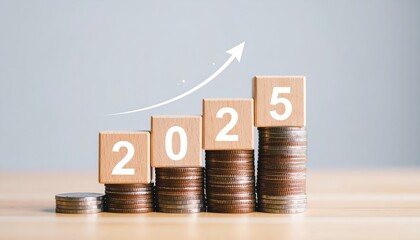 Wooden blocks and coins illustrate financial growth for 2025 with an upward arrow, symbolizing economic progress and success.