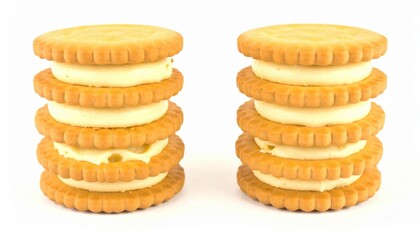 Two stacks of cream-filled sandwich cookies on a white background, perfect for snack and dessert themes.