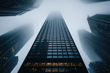 A tall building seen from below, surrounded by green trees with a blue sky in the background. A stock photo of an office skyscraper.
