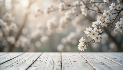 Soft focus spring blossoms on a weathered wooden table with gentle sunlight