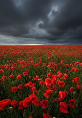 Fototapeta premium Red Poppy Field Under Dark Cloudy Sky in Nature Scene