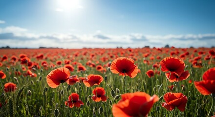 Bright Red Poppy Flower Field Under Sunny Blue Sky in Nature Scene
