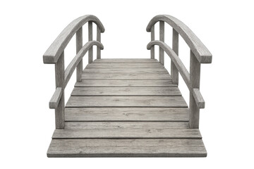 Rustic wooden bridge with arched railing, plank construction, standing against transparent backdrop, embodying rural simplicity