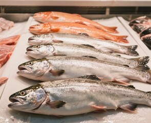 Freshly caught seafood like salmon and trout is presented on a bed of ice for a healthy, raw meal from the market