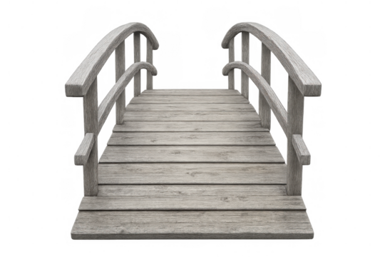 Rustic wooden bridge with arched railing, plank construction, standing against transparent backdrop, embodying rural simplicity