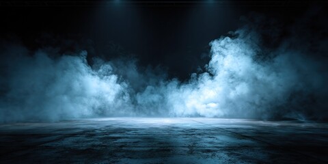 Ethereal Blue Smoke Billows Across a Dark, Spotlit Concrete Stage