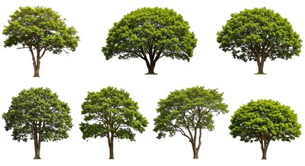Fototapeta premium Set of Seven Green Trees with Full Canopies on White Background
