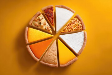 Colorful pie slices arranged in a circle on a mustard yellow background.