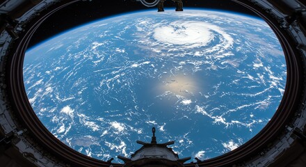 Earth View From Spacecraft Window Showing Blue Ocean Cloud Cover and Storm System