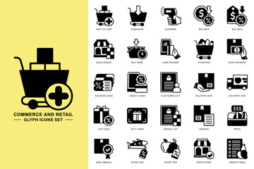 Commerce and retail glyph icons set. contain add to cart, big sale, cash payment, invoice, history, price, credit card and more. Vector for modern concept, print, UI, UX kit, web and app development.