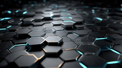 Obraz premium Cybernetic abstract background with futuristic layered grid of geometric plates and hex patterns, matte black with hints of silver and cyan, industrial tech feel, ultra sharp 8K render