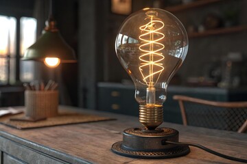 Vintage Edison Bulb on Wooden Table with Warm Ambient Lighting
