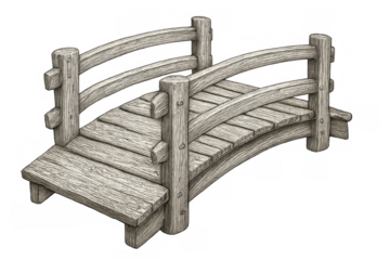 Wooden arched footbridge featuring sturdy handrails, isolated on transparent background for architectural visualization