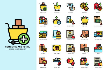 Commerce and retail lineal icons set. contain add to cart, big sale, cash payment, invoice, history, price, credit card and more. Vector for modern concept, print, UI, UX kit, web and app development.