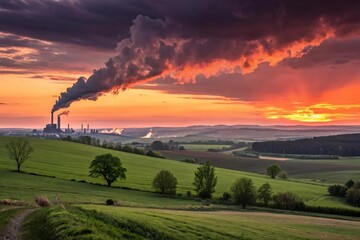 Dramatic Sunset Over Industrial Power Plant with Smoke Emission