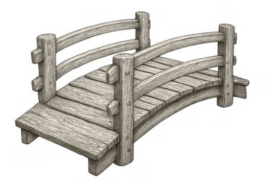 Wooden arched footbridge featuring sturdy handrails, isolated on transparent background for architectural visualization - Powered by Adobe