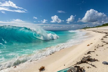 Majestic Ocean Wave Crashing on Serene Tropical Beach Shoreline