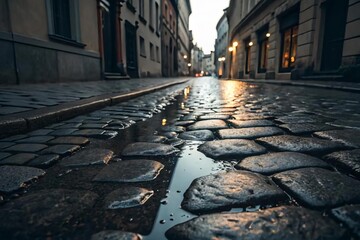 Quiet Cobblestone Street Reflected in Rain at Dusk in Europe