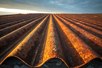 Rusty Metal Roof with Sunlight at Sunset Overhead