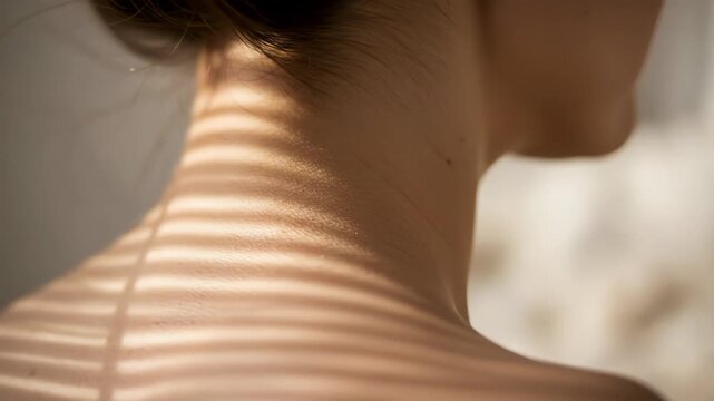 Closeup of a womans neck and shoulders with shadows from blinds creating a textured pattern, emphasizing the beauty and sensuality of the skin in warm, natural light