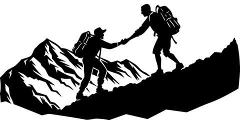 Hiker ascending a mountain in black and white silhouette vector design art