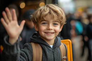 Young boy waving at camera.