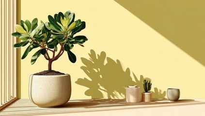 Indoor plants, sunlit, beige pots