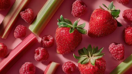 Fresh Strawberries and Raspberries with Rhubarb on Pink Background